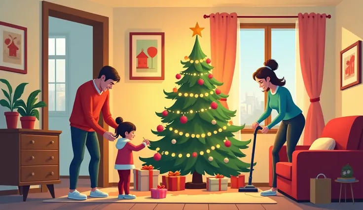 living room,  there is a Christmas tree in the living room ,  s decorate the Christmas tree , dad vacuums ,  mom wipes the dust off the furniture,  cartoon style ,  illustration, 8 k