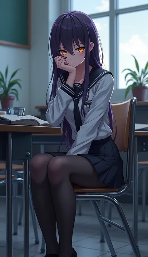 1girl, long midnight purple hair, golden light eyes, sit in class over her desk, white school modern uniform, anime, mean face, purple painted nails. Full body picture. Black Thigh-High pantyhose.