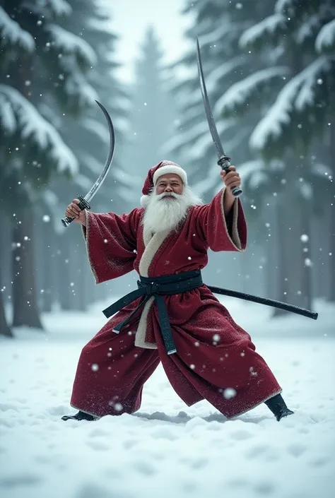 Fairytale figures Santa Claus in kenjutsu dress with sword on snowy background with pine trees 