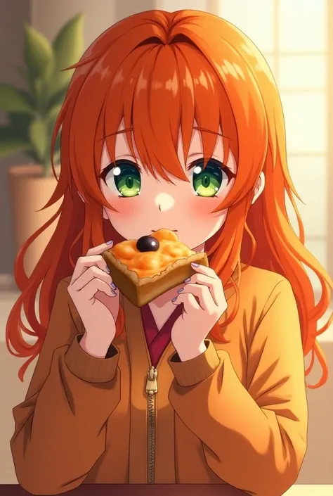  anime girl with green eyes orange hair and fire colored clothes eating pie