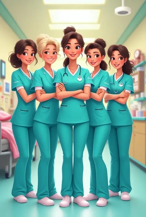 Group of nurses together in turquoise Disney style uniform 