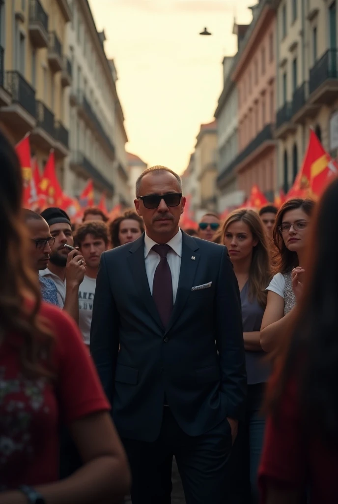  An urban scene ,  with Marcelo Rebelo de Sousa ,  the president of Portugal ,  standing in the center of a lively crowd .  He is holding an herbal cigarette ,  surrounded by people of various ages and styles , with expressions of surprise and curiosity . ...