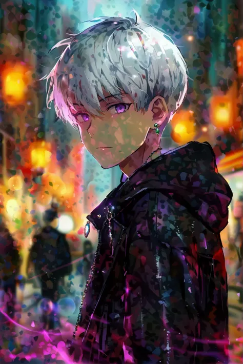 Alone, short teenage boy, Short silver hair,  black jacket , Urban style, pale skin, purple eyes, mystery, jeweler&#39;s,  anime style 

