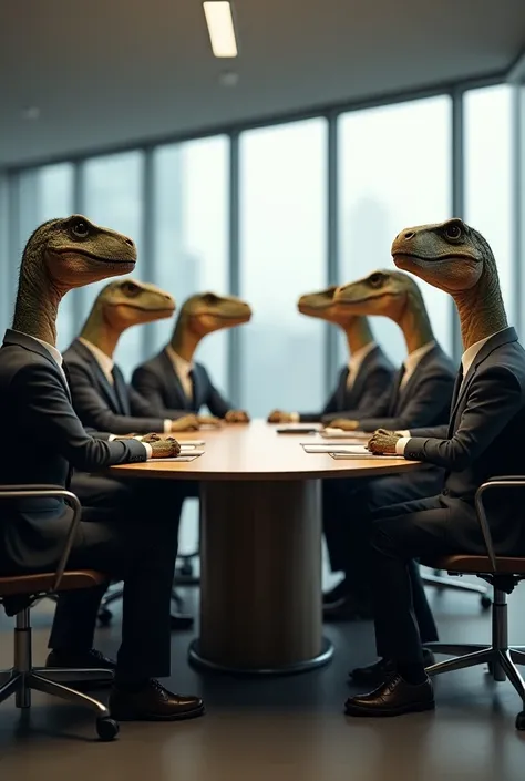 6 , with suits,  dinosaurs without glasses and in a meeting