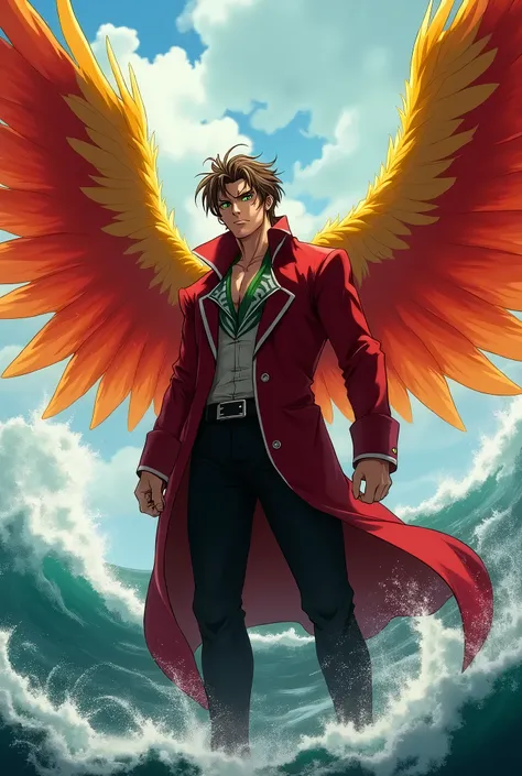 Anime style, full body, an adult man with medim length brown hair, emerald green eyes, a built figure, wearing an elegant red coat with silver trim, a pair of feathered wings sticking out of his back, the feathers are red near the top, and they gradually f...