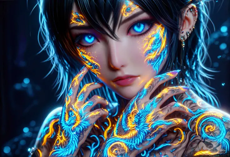 a beautiful girl with shining tattoos, hyper detailed face, detailed eyes, long eyelashes, beautiful lips, intricate tattoos glowing on skin, detailed jewelry, fantasy ethereal background, cinematic lighting, vibrant colors, digital art, concept art style,...