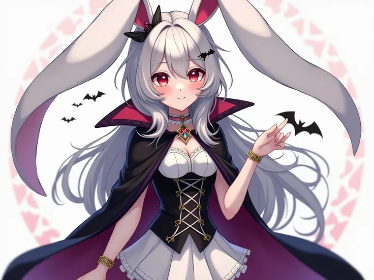  A male Vtuber model with a vampire and rabbit theme .  The figure has large and soft rabbit ears , white in color con detalles rosados en el interior. His face is pale ,  with extremely light skin and a cold touch .  Her eyes are big and shiny ,  red with...