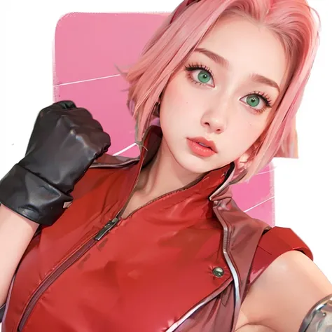 young,  short pink hair at shoulder height, wide forehead, porcelain skin, pink eyebrows, large emerald green eyes , button nose,  full lips ,   heart shaped face  ,  Slim Body Coats,  small breasts, red tank top, Sakura haruno , realistic, realism,  detai...