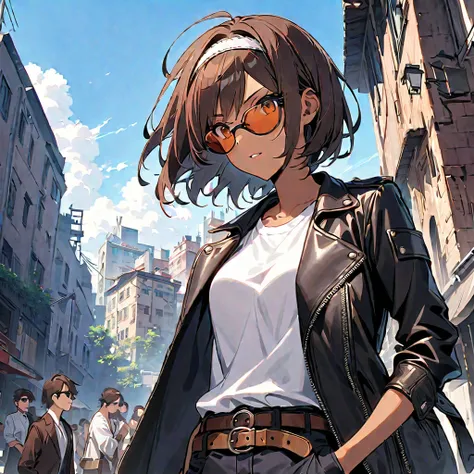 1 girl, solo, short hair, brown hair, shirt, jacket, white shirt, outdoors, parted lips, sky, solo focus, daytime, belt, pants, dark skin, dark skinned, dark skinned woman, blue sky, black jacket, black pants, (sunglasses), building, city, hand in pocket, ...