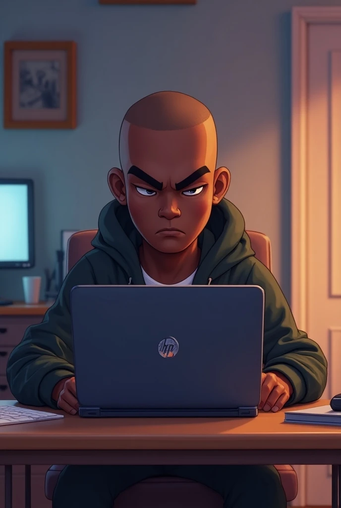 black skinhead programming in a room with a hp laptop cartoon animation