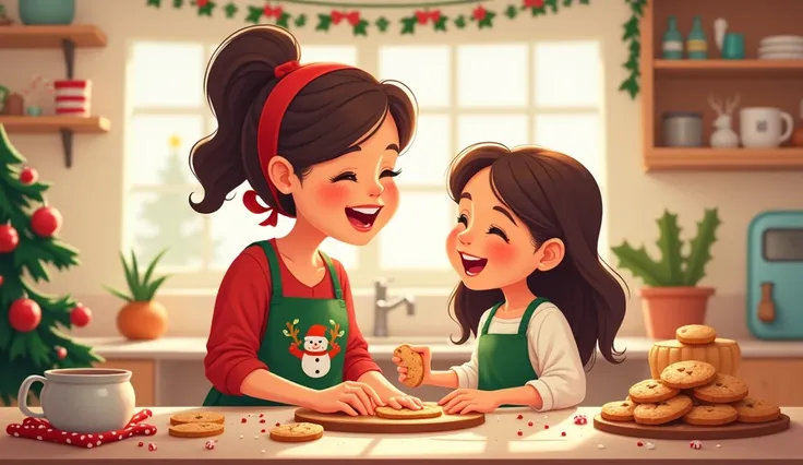 kitchen, mom and daughter bake Christmas cookies in the kitchen, happy,  cartoon style ,  illustration, 8 k