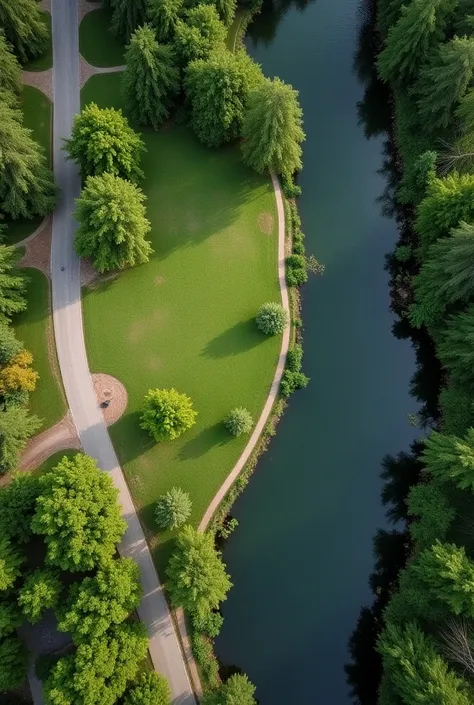  panoramic view of a park with a pond and a road,  screenshot of David Rubín  , reddit,  renaissance , Satellite view, aerial photo, remote view,   looking partially to the left  , close-up from above, remote shot, remote, take from above, aerial view,  bu...