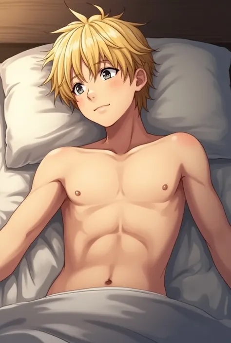  I could make a blond boy ,  anime style, 20 years old,  lying in bed looking up,  completely naked , that his whole body can be seen, Let his penis be seen naked and big and uncensored?