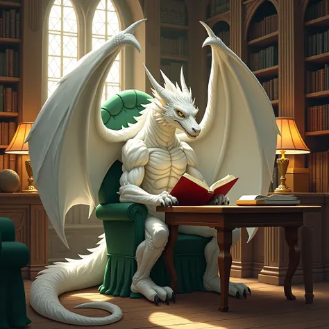 The white muscular winged dragon furry jock sits in a green chair at a table in the library reading a book 