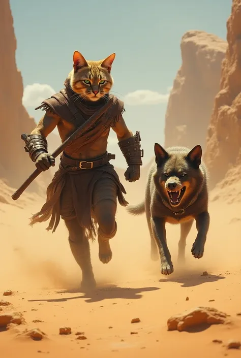 A cat walking in the desert wearing a warriors costume fights with an evil dog