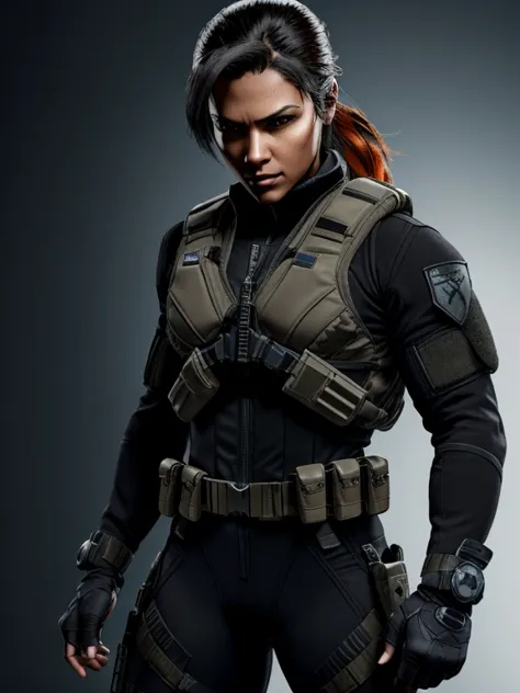 1girl, solo, a woman in her mid-twenties, Mixed race Navajo Latina woman, amber eyes, short black hair, agile and athletic build, (Wearing: Orange Goggles, Fingerless Gloves, gray tactical suit, black bulletproof vest, utility belt, gun holsters), The suit...