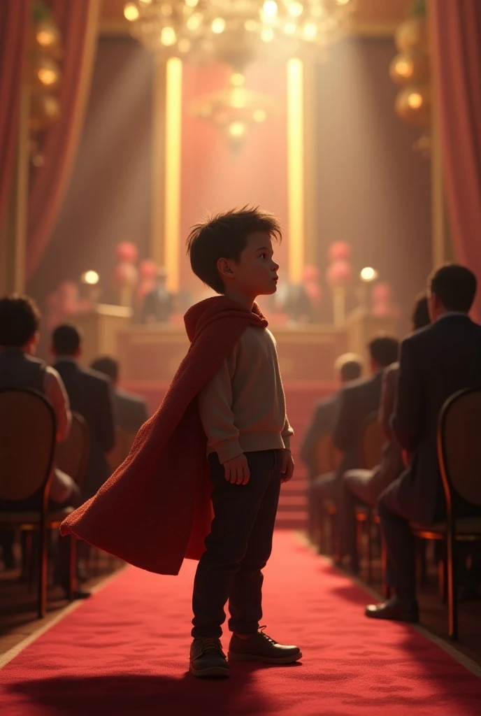 8-year-old Nicolas in the foreground ,  with an imaginary cape waving behind him ,  as he watches the awards with a proud look