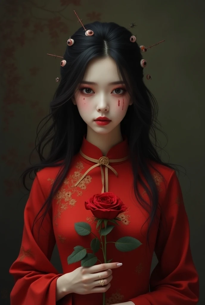 Asian woman wearing traditional Chinese red clothing and looking sad in front of the spectator with a rose in her hand and with four eyes on her face 
