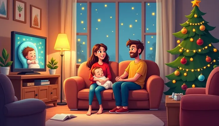 living room,  there is a Christmas tree in the living room ,  on TV, a young man and a young woman are sitting on the couch, watching TV,  next to a baby cot, a baby sleeps in it ,  cartoon style ,  illustration, 8 k