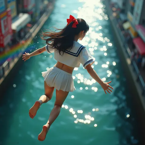 Haunting Live-Action, Extremely Detailed KAWAII JK Diving from Ebisu at Doutonbori, Sparkling, LifeLike Rendering, MotionBlur, (XLabs F.1 Realism LoRA V1), White Sailor Uniform with Thongs, Red Ribbon Ponytail hair fluttering in the wind, Professional and ...