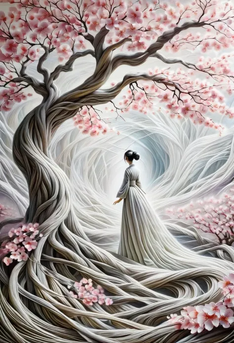 Modern art, avant-garde, surrealism, connecting the incongruous, blooming sakura tree weaves branches in a bizarre way and forms a distinct image (The Sakura Maiden:1.3050), a very beautiful painting combining various drawing techniques, ultra-thin lines a...