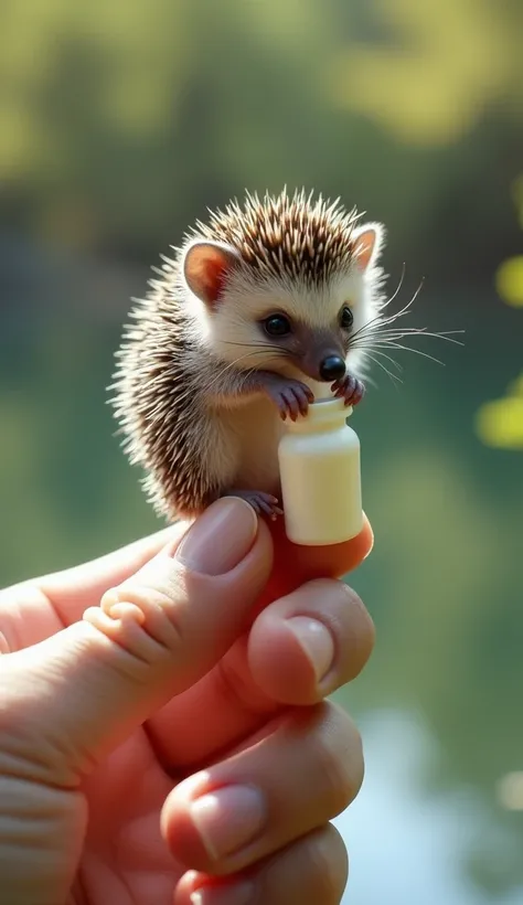 Baby Hedgehog with Bottle
"A hyper-realistic image of a baby hedgehog balanced on a human finger while holding a milk bottle. Its tiny spines and cute face are detailed, with a blurred lake in the background to complete the scene."