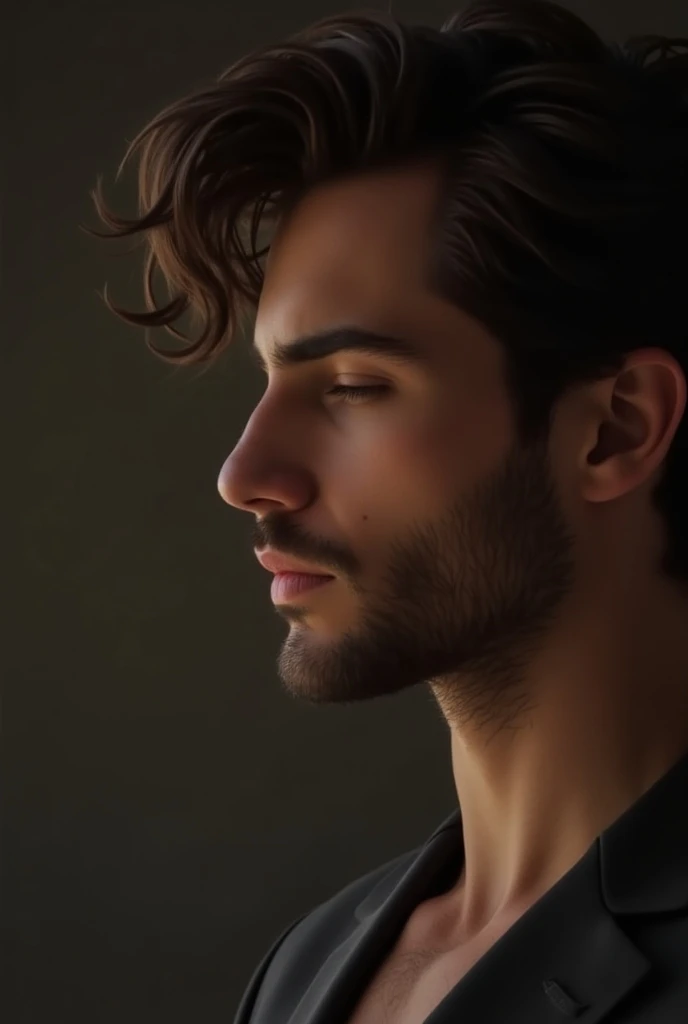 Very handsome man in profile with brown hair and eyes closed 