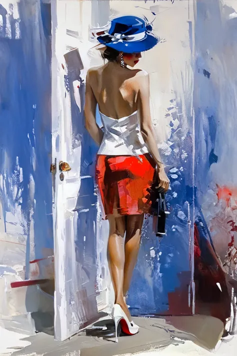 Very authentic painting by (Fabian Perez:1.3) & Henry Asencio of a naked erotic fantasy, on dark background , light leaks, a painting of a naked beautiful, very attractive, (glamour:1.3) mulatto woman, A glamorous Ornella Muti , with a red mini skirt, whit...