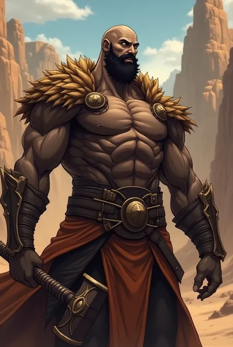 fantasy god ,  dark male character with a bald muscular build and a lush beard and black eyes,  represents the earth and all the rock formations such as mountains . his weapon is a war hammer ,  and his clothing is an armor in shades of brown and orange . ...