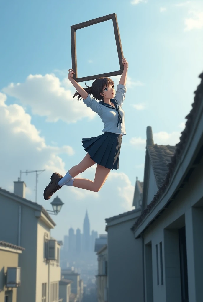 A schoolgirl holding a wall frame with her legs facing down and hanging with her arms outside the roof of a building 