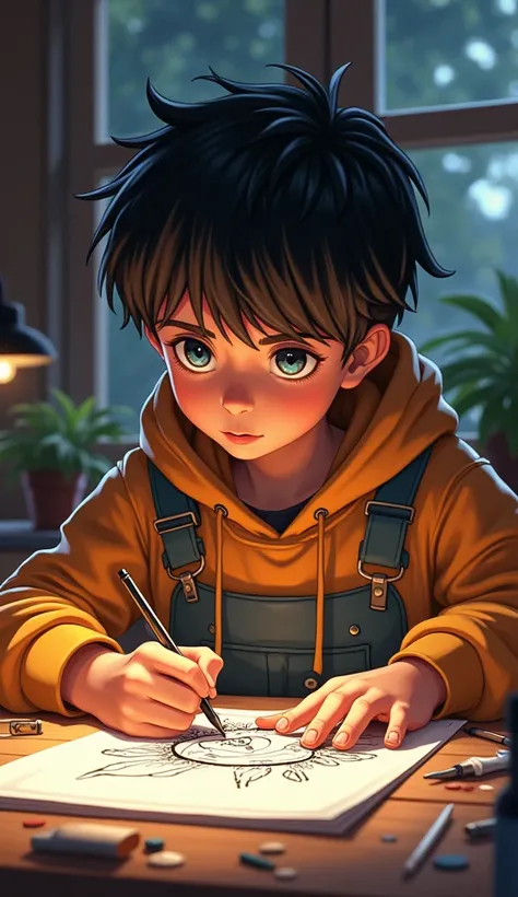 a young  boy manga artist sitting at a table drawing a manga style illustration, extremely detailed eyes and face, detailed hands, intricate manga style linework, detailed clothing, studio lighting, photorealistic, cinematic composition, warm color palette...