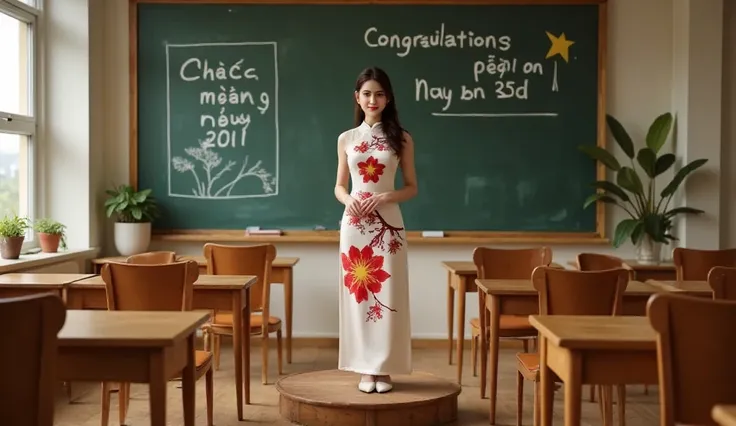 vietnamese ao dai, lisamy, full body view, standing on the podium, behind is the board, with the words "chúc mừng ngày 20/11" wr...