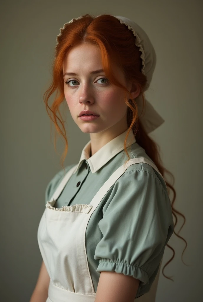 Redheaded young woman with no makeup, wearing housewife dress and full apron and head covering, sad expression, in portrait style picture, looking slightly off to the side, photorealistic picture.