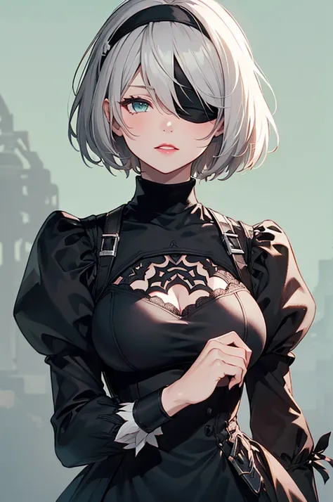 yorha no. 2 Type B,  1 girl, Wow, (Blindfold), breast,  clevis,  clevis cutout,  clothing cutout , Green background,  hair between eyes,  headband,  Hi-Res,  JULIET SLEEVE ,  long sleeve, Nier (series), Nier automata,   puff sleeve , Red lips, Shadowy Face...