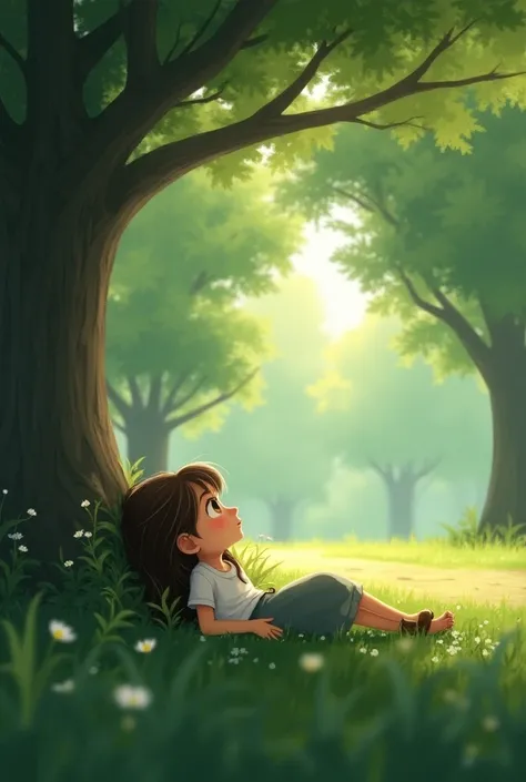 A girl in a park sitting on her back looking at the trees 
