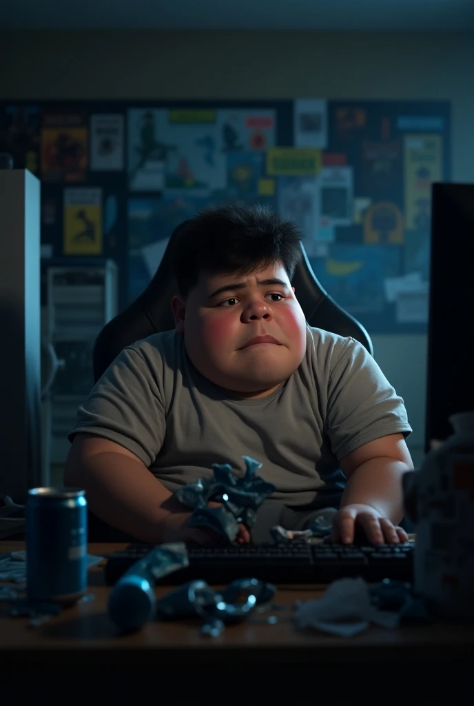 A fat young man playing video games feels tired of playing