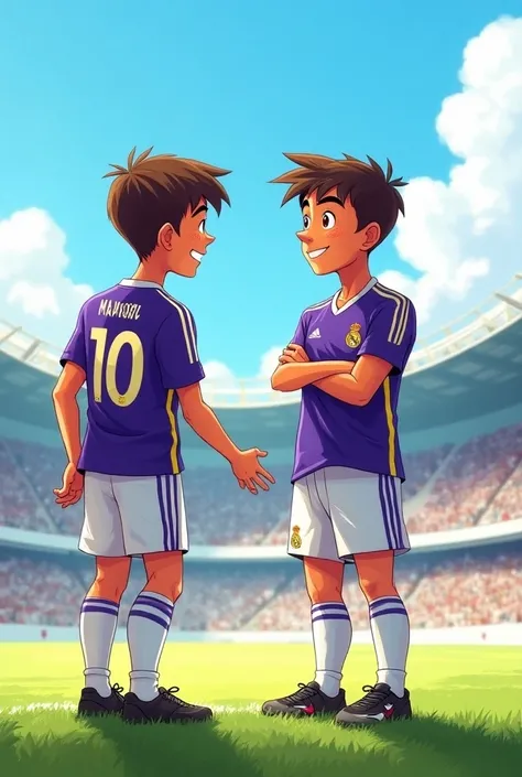 A vibrant and dynamic illustration of a 16-year-old  with a smile, talking with a Real Madrid coach, on a stadium, under a clear blue sky with a few puffy white clouds, wearing a purple soccer jersey with a bold, number 10 on the back, matching white short...