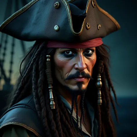 8k,  best quality , masterpiece, Ultra-High-Resolution, (Realism: 1.4), Original image, Exactly,  super detailed, captain jack sparrow 