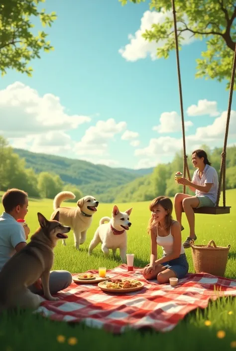 (photorealism:1.2), people enjoying a holiday in a field, with a picnic, dogs playing. further on, a  eating a cupcake very happily sitting on a swing