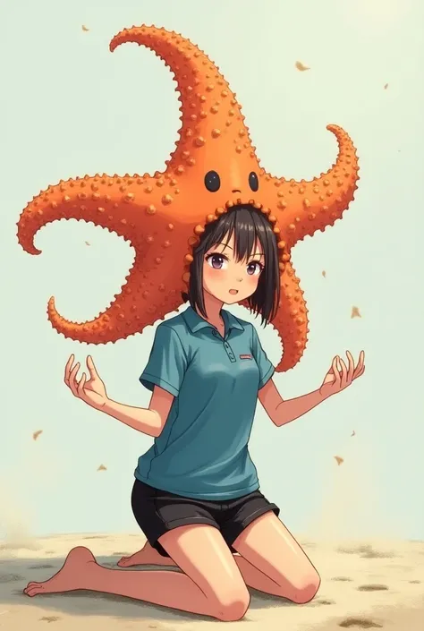 girl, anime,  boxer shorts color black, blue long polo ,  a large starfish replaces their head, kneeling, with arms outstretched,  outstretched hands , The hands make a gesture of asking, The hands make a gesture of asking