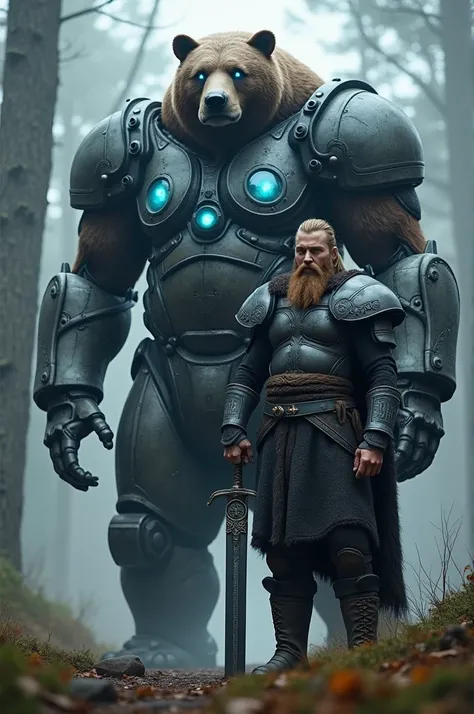 "A towering, futuristic Viking warrior stands beside a colossal mechanical bear. The Viking wears advanced, rugged armor with a matte black finish, adorned with glowing Nordic runes that pulse with a faint blue light. His braided hair and thick beard are w...