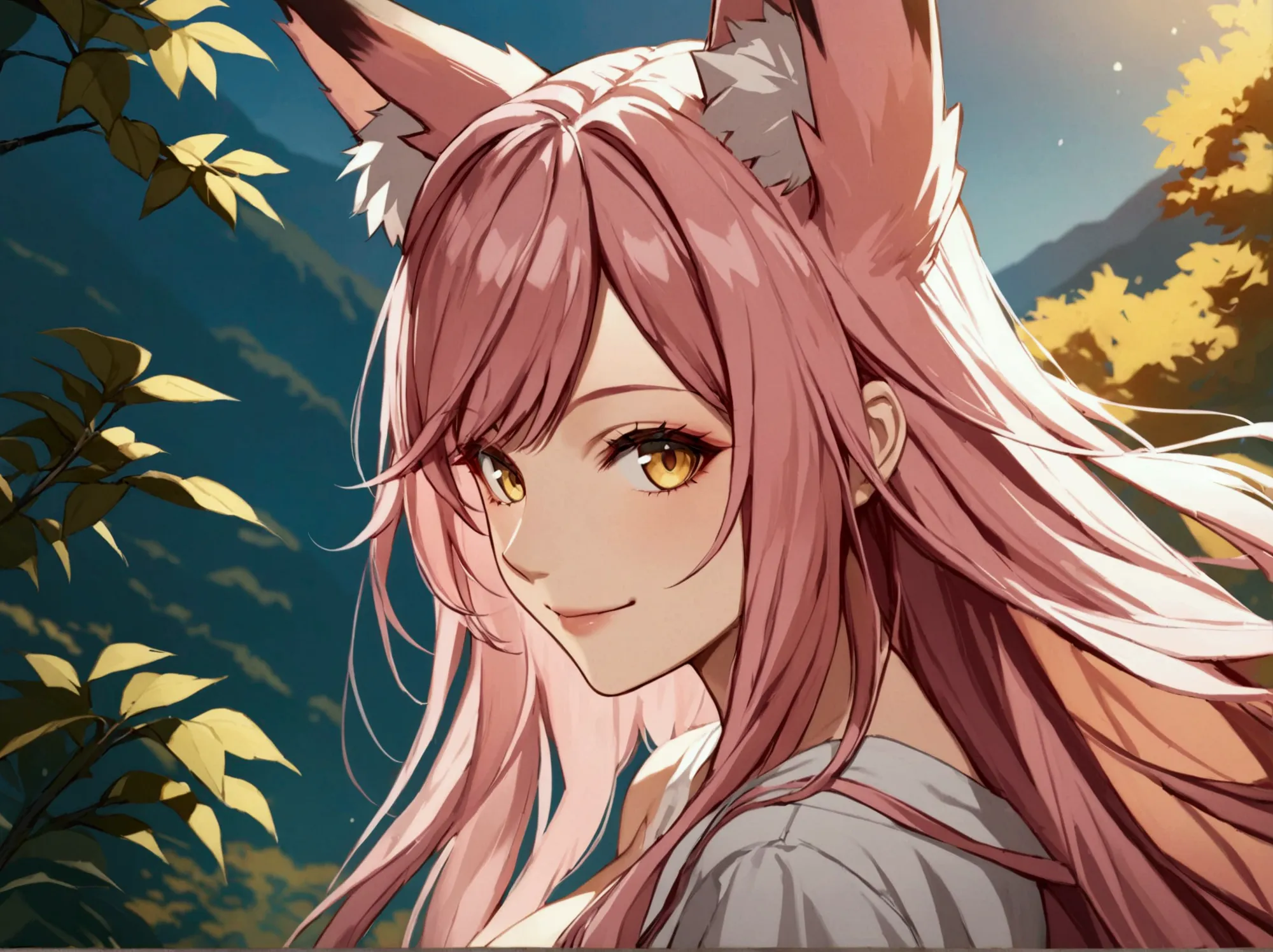 anime fox woman, yellow eyes, pink hair, long hair, smile, bangs, high resolution, detail, breasts, fox ears, basic background, ...