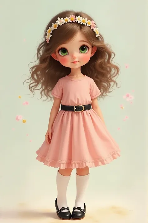  A girl with light brown hair has curly hair and her eyes are big and emerald she wears a white headband adorned with small flowers she has a pastel pink dress that covers her knees. She wears a black belt with small pockets, she has black ballerinas with ...