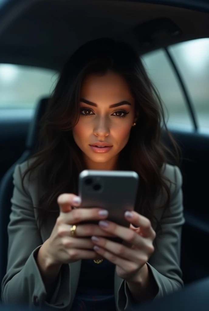  Black-haired woman , brown eyes wearing casual clothes , extremely attractive,  seeing a photo on the cell phone in their luxury car, Outside its raining.