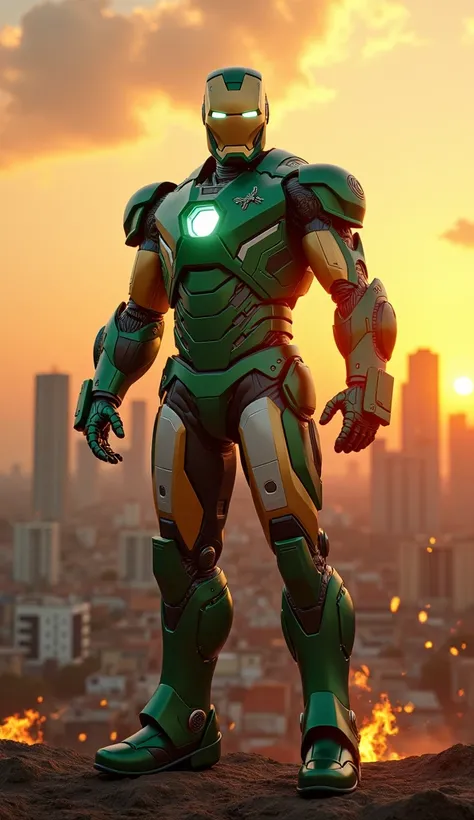 Create a hyperrealistic digital artwork of Iron Man as a patriotic Nigerian hero, set against the backdrop of Lagos’s bustling skyline at sunset. His armor should be redesigned with green and white elements inspired by the Nigerian flag, incorporating a su...