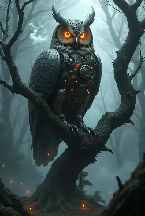 a massive mechanical owl with intricate gears and glowing eyes, perched on an old, twisted tree in a foggy forest, with steam rising softly from its metal wings, illustration in the style of CTILLUSTundefined, undefined, undefined, undefined, undefined, un...