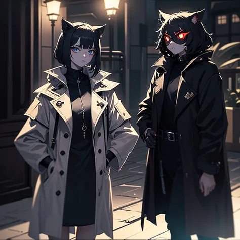  a hard-boiled cat standing in a dark alley 。 with scratched ears and sharp eyes 、 wearing a chic trench coat 、 posing like holding a cigarette in one hand 。 Night scene with vaguely illuminated street lights in the back。The background is noir-style, 、 ove...