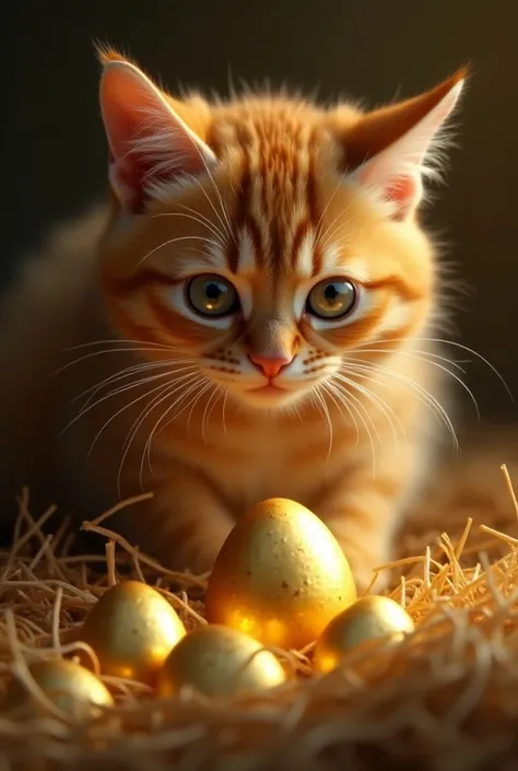 The cat receives a golden egg written on the eggs the word gemstones daily: Every day,  the farmer collects a shiny gold egg from the chickens nest.  Your face is illuminated with happiness ,  and its simple house is slowly filling up with golden eggs , in...