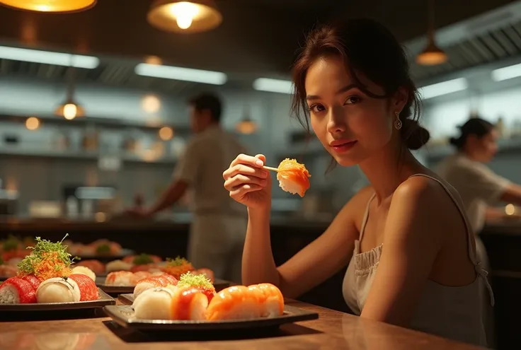 front view, beautiful European woman, eating sushi, sitting at a table fill with Sushi trays, in the in background a large kitchen, highly detailed,photorealistic,dramatic lighting,cinematic,masterpiece,intricate details,ultra-detailed,sharp focus