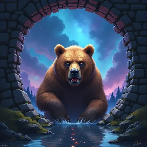 A grumbling bear emerging from the well.(masterpiece: Vivid colors ,cosmic, realistic elements , highest image quality ,Strong Emotions,just.